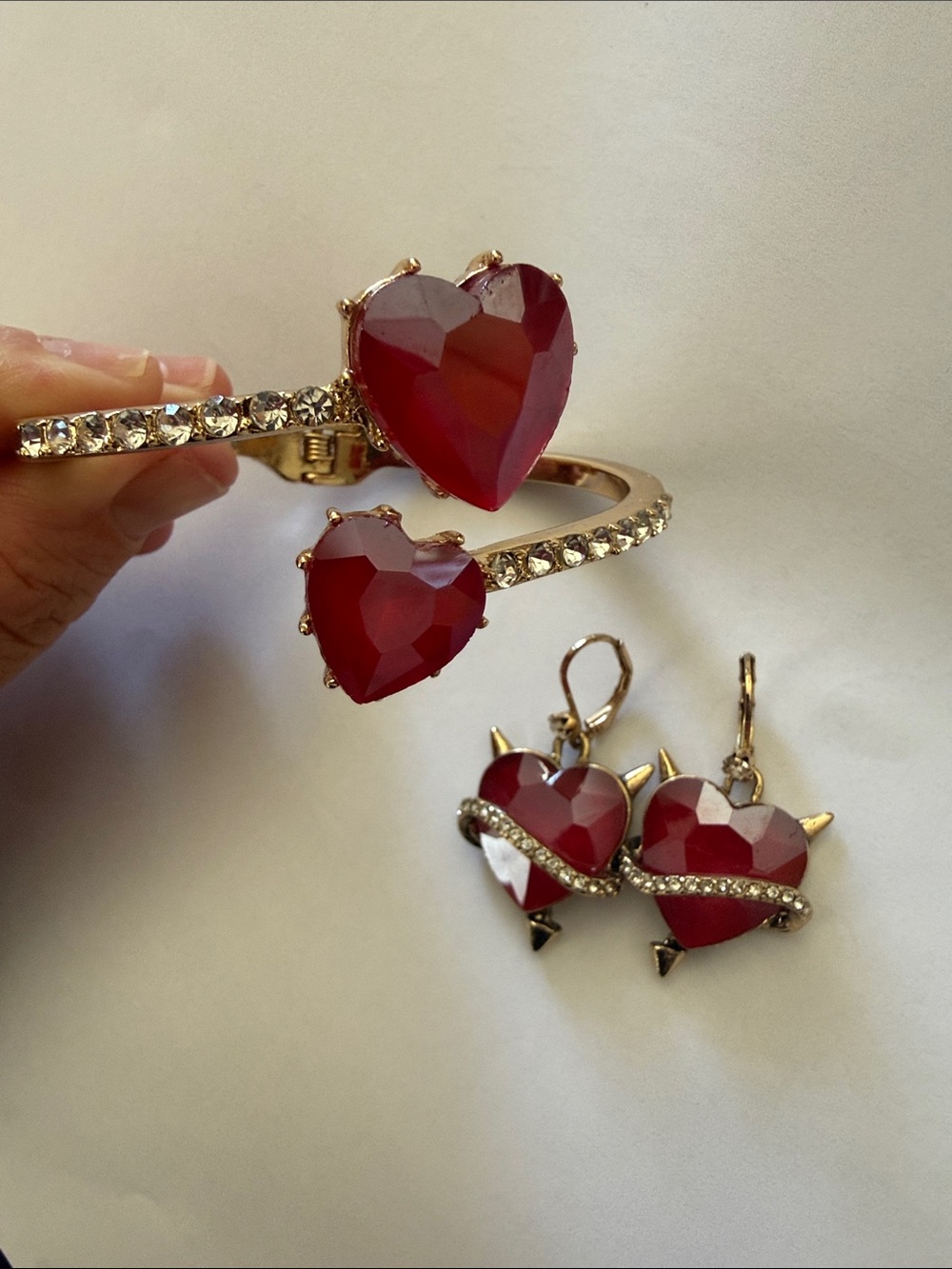 Betsey Johnson Red Heart Crystal Bracelet and Earring Set